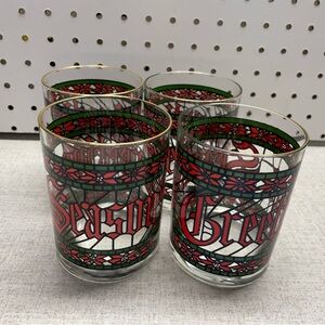 Vintage Houze Happy Holidays Christmas on the Rocks Tumblers Glasses Set of 4
